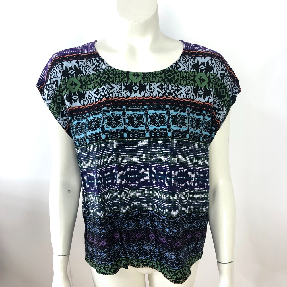 Cabi Covet Tribal Medium Womens Cap Sleeve Pullover Top Blouse Purple MINT 832